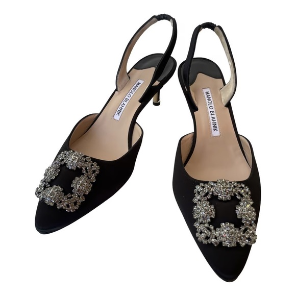 MANOLO BLAHNIK Hangishi race Jewel Buckle Flat pumps shoes Black x white 36 1/2